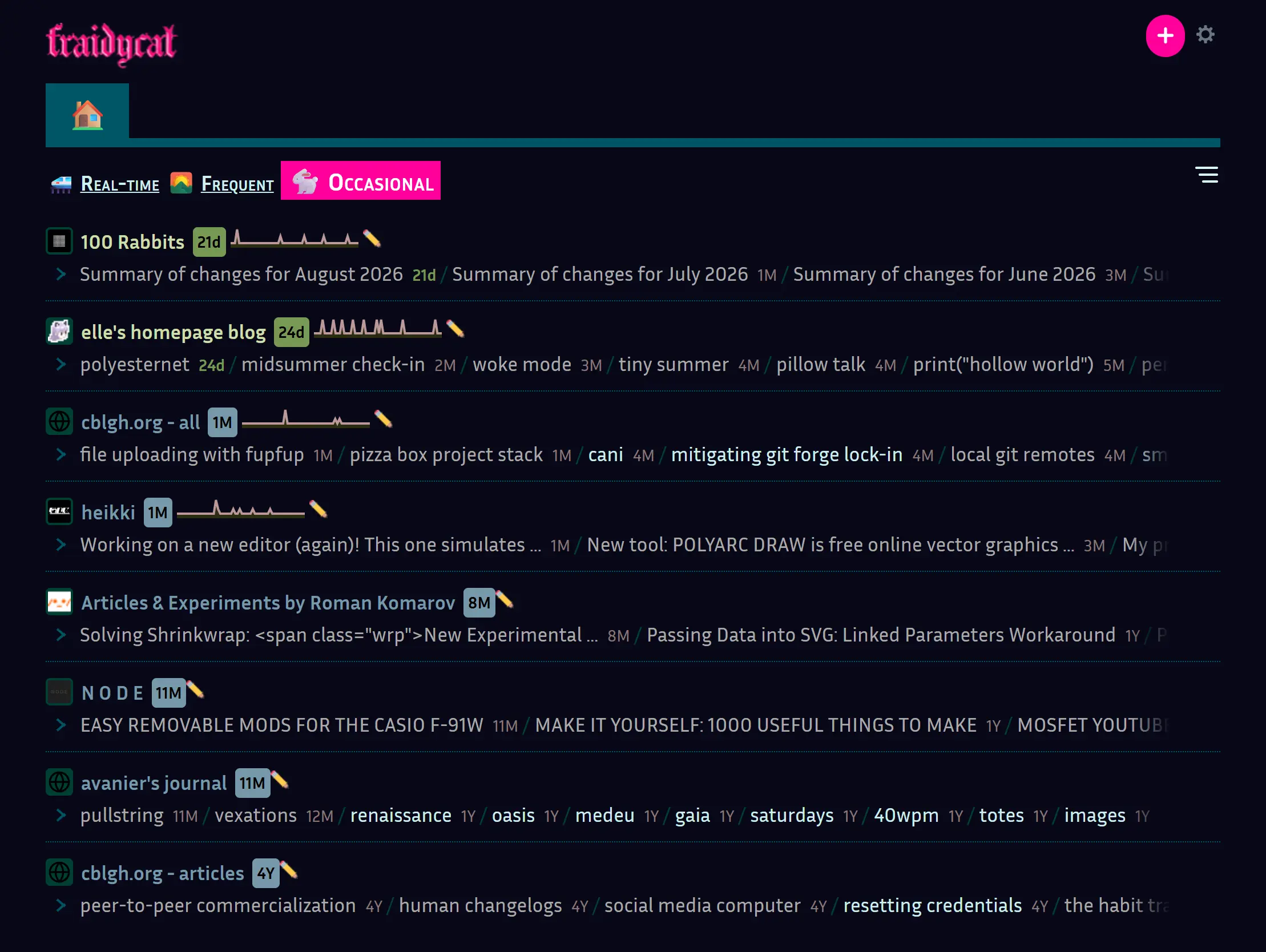 fraidycat app showing occasional feed in dark mode