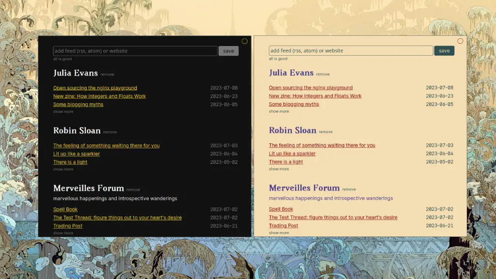 rad reader app side by side showing light and dark theme