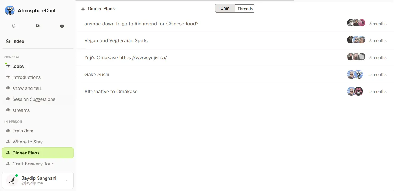 threads toggle at top switch between chats and threads